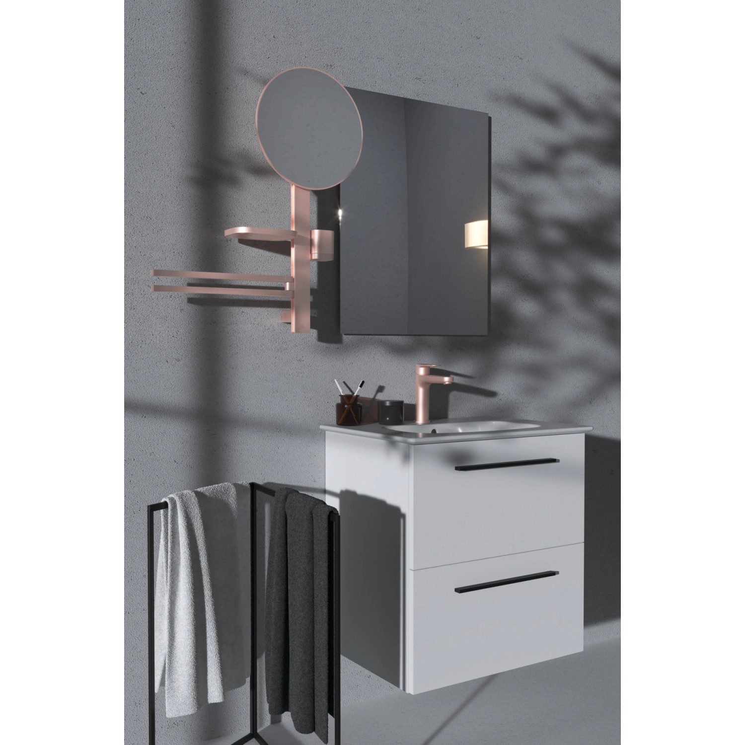 Ideal Standard Waschtischarmatur Push-Open Rosé mit Waschtisch und Spiegel.