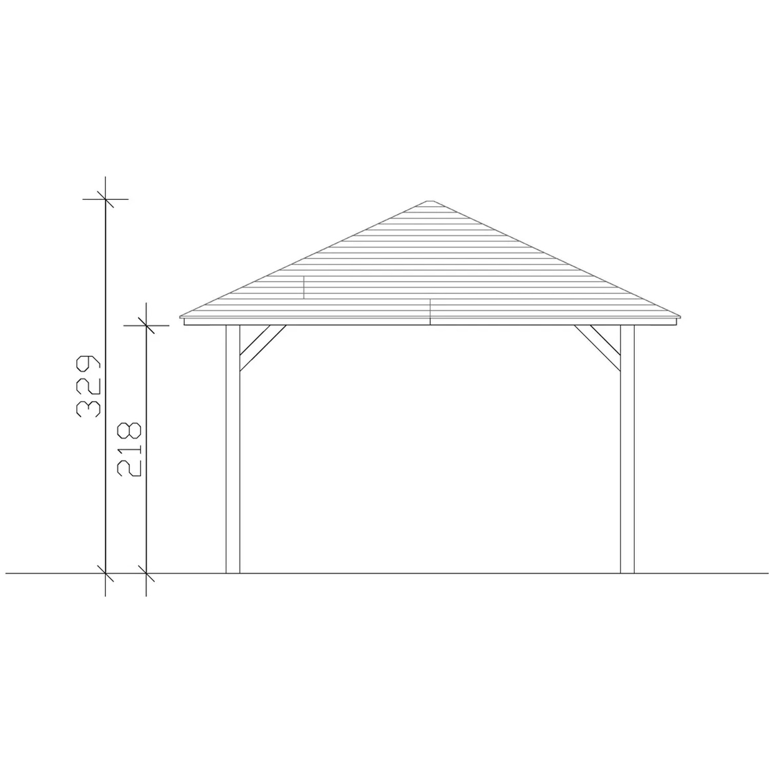 Technische Zeichnung: Skan Holz Pavillon Cannes 2, schiefergrau lasiert, mit Maßangaben.