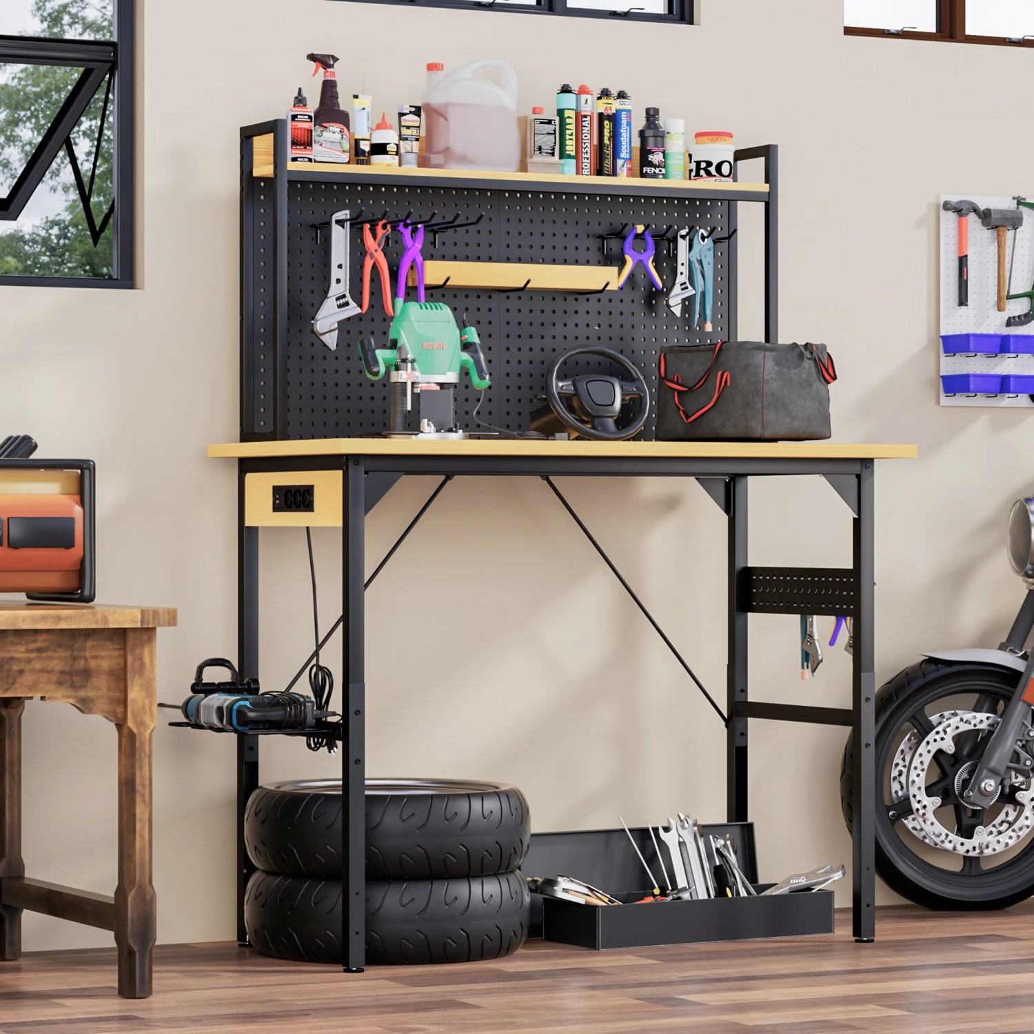 okwish Werkbank mit Lochwand Rollen AC/USB Für Garage 120x60x155cm Natur_3