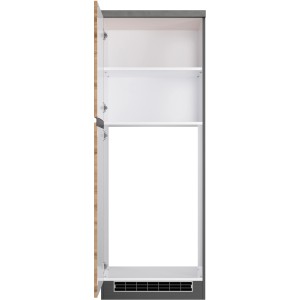 Held Möbel Kühlschrankumbauschrank Turin, 60 cm, Wotaneiche/Graphit, offene Tür, Regale.