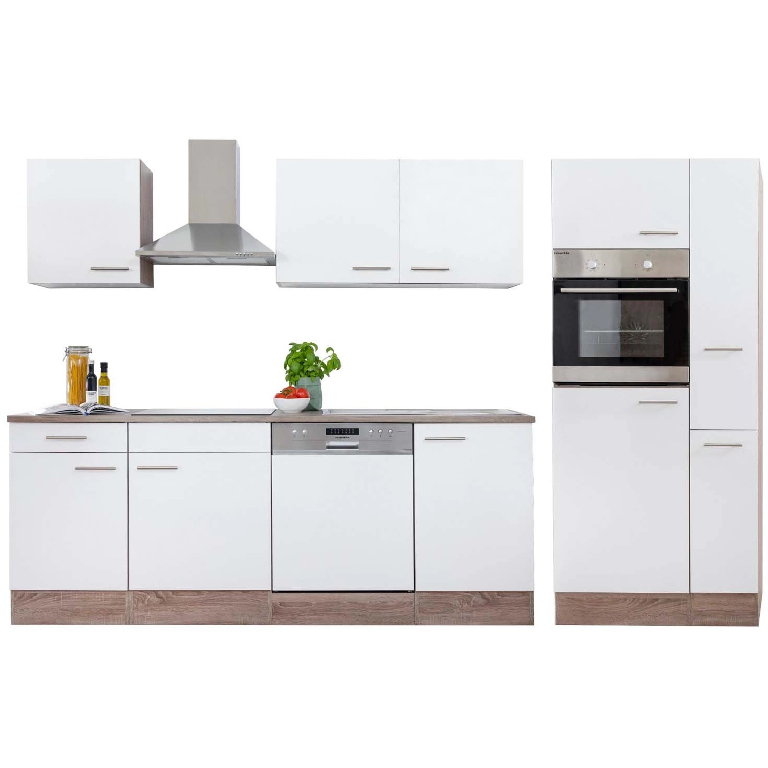 Respekta Küchenzeile 310 cm in Weiß Seidenglanz und Eiche York Dekor ohne E-Geräte.