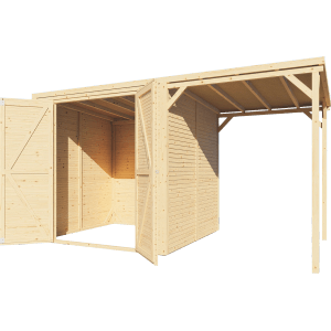 Bertilo Holz-Gartenhaus Box 3 Plus aus Fichte mit geöffneten Doppeltüren und überdachtem Anbau.