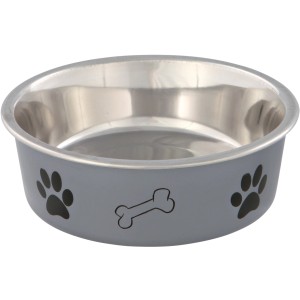 Jollypaw Edelstahlnapf, grau mit Pfoten und Knochen, 0,45l, ø 14cm. Hundenapf für Futter und Wasser.