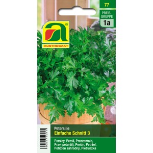 Saatgutpackung Petersilie 'Einfache Schnitt 3' von Austrosaat mit dunkelgrünen, glatten Blättern.