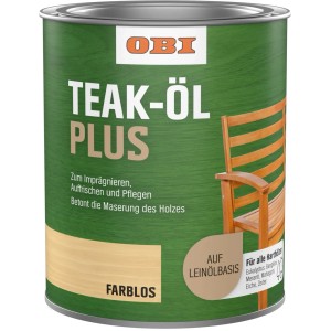 Dose OBI Teak-Öl Transparent 750ml für Holzpflege und Imprägnierung im Außenbereich.
