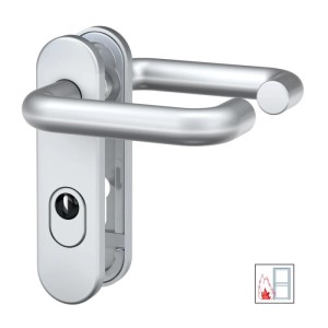 Feuerschutz-Türbeschlag aus Aluminium F1, Kurzschild, runde Form, mit Zylinderabdeckung.