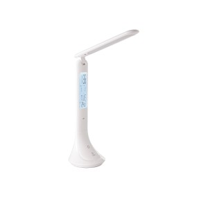 Weiße Eglo LED-Tischleuchte Coluccia mit Uhr-, Temperatur- und Datumsanzeige.