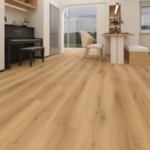 Verlegter Vinylboden Eiche Stavern mit Kork-Trittschalldämmung im Wohnraum.