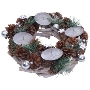 Silberner Adventskranz aus Holz mit Zapfen, Kugeln und Kerzenhaltern (ohne Kerzen), Ø 32cm.