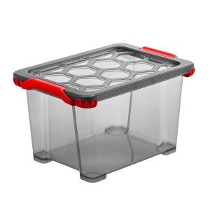 Rotho Aufbewahrungsbox Evo Total 15 l, transparent/grau mit roten Akzenten.