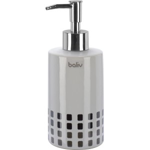 Weiß-grauer Keramik Seifenspender von baliv mit Muster und Chrompumpe.