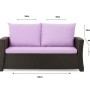 Lila Gartenkissen-Set für Polyrattan-Sofa (2-Sitzer), Maße eingeblendet.