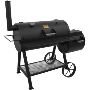 Schwarzer Char-Broil Oklahoma Joe® Smoker Holzkohlegrill mit Ablage und Rädern.