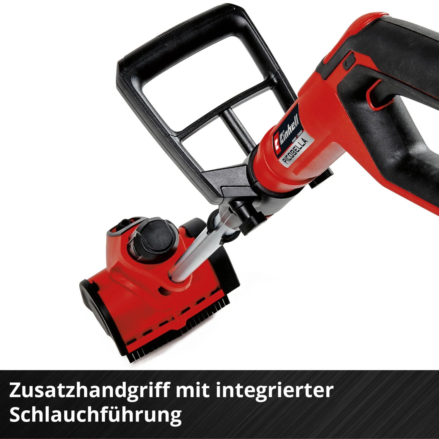 Einhell Akku-Oberflächenbürste PICOBELLA 18/215 mit Zusatzhandgriff und Schlauchführung.
