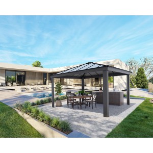 Anthrazitfarbener Palram Canopia Dallas Gartenpavillon mit Tisch und Stühlen im Garten.