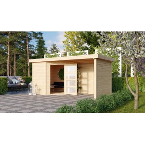 Unbehandeltes Karibu Holz-Gartenhaus Linköbing mit Flachdach und Anbau, 209x213 cm.