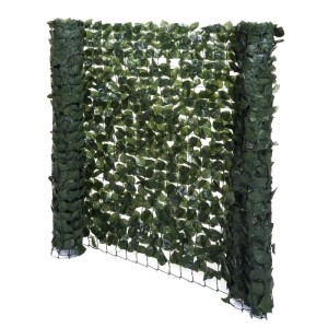 Balkonsichtschutz mit grünen Blättern auf flexiblem Gitter, 300x100 cm.