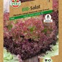 Samenpackung Sperli Bio-Pflücksalat Lollo Rossa mit rotem, krausem Salat.