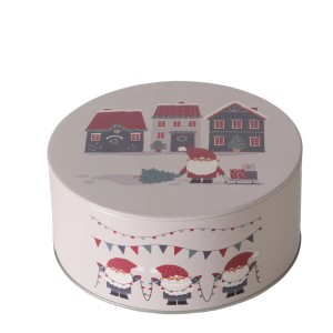 Runde Boltze Vorratsdose Monti, grau-rot, mit Weihnachtsmann- und Häuser-Motiv, 16x7 cm.