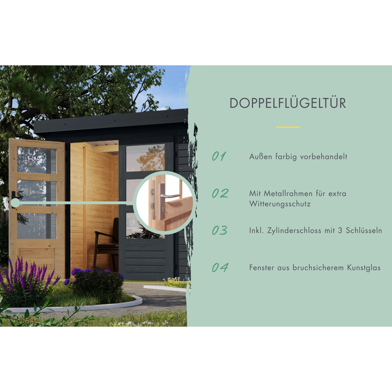 Karibu Gartenhaus Diego C: Detailansicht der Doppelflügeltür mit Metallrahmen und bruchsicherem Glas.