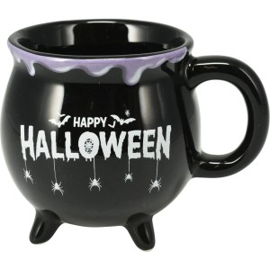 Schwarze Halloween Tasse in Kesselform mit Spinnennetz und Schriftzug Happy Halloween.