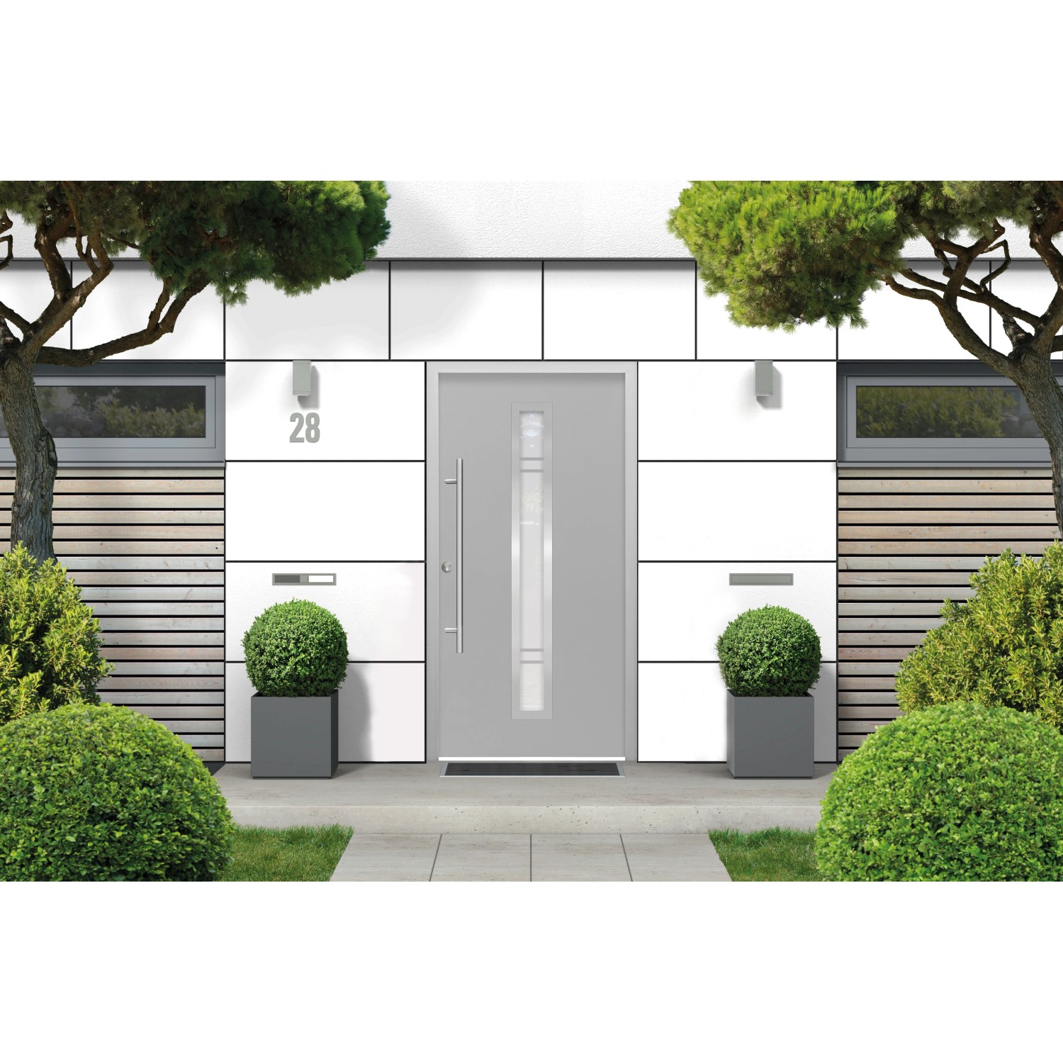 Graue ThermoSpace Palermo Haustür (100x210 cm) mit Glaseinsatz und Edelstahlgriff, Linksanschlag.