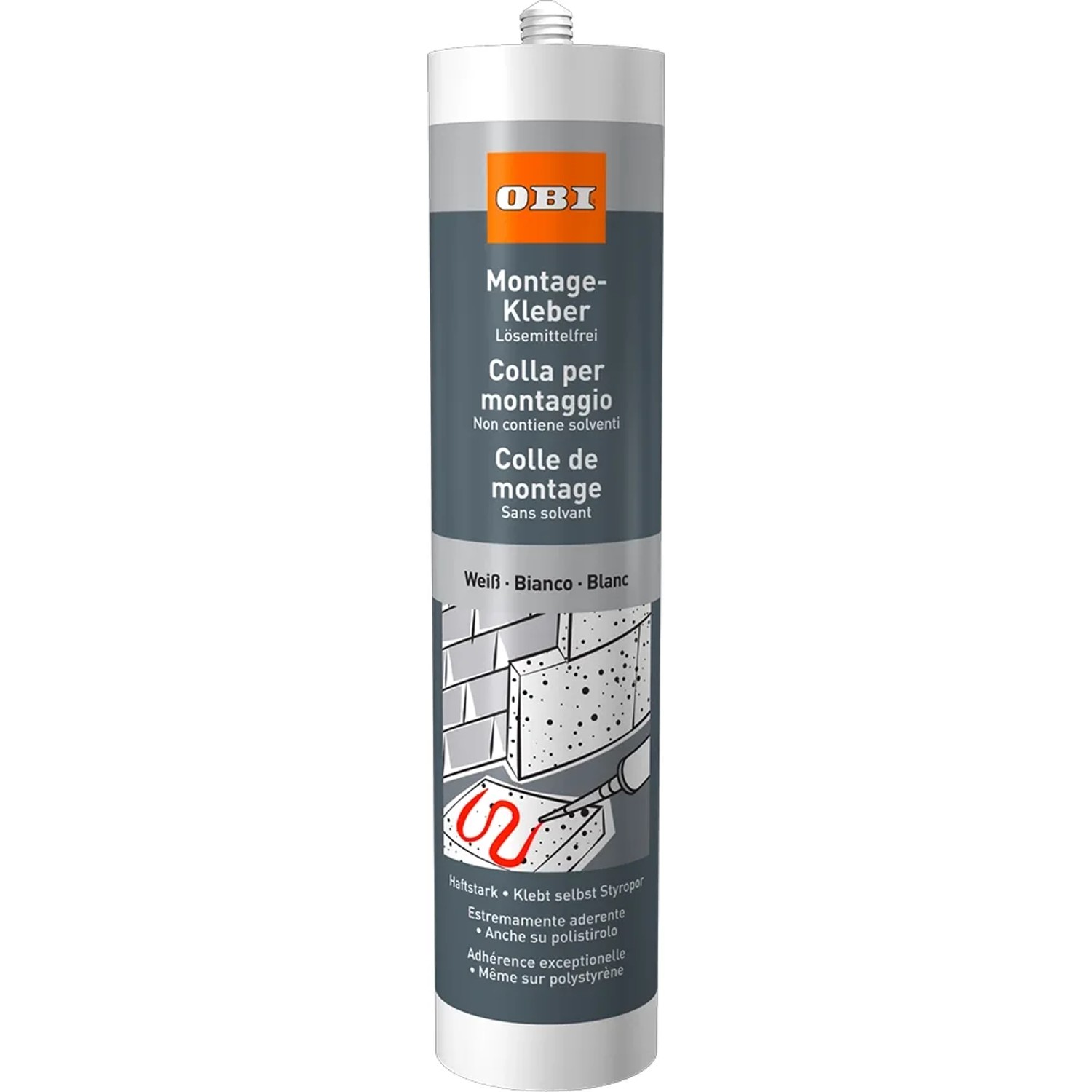 OBI Montagekleber, 470g Kartusche, lösemittelfrei für Innenanwendungen und Styropor geeignet.