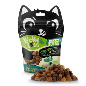 Lucky Lou Katzen-Trockenfutter Cubes Mixpack, 80g. Katzensnack mit Huhn, Hirsch und Gans. Getreidefrei.
