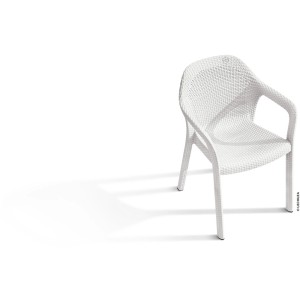 Weißer Lechuza Essstuhl mit Flechtstruktur, ideal für den Garten.