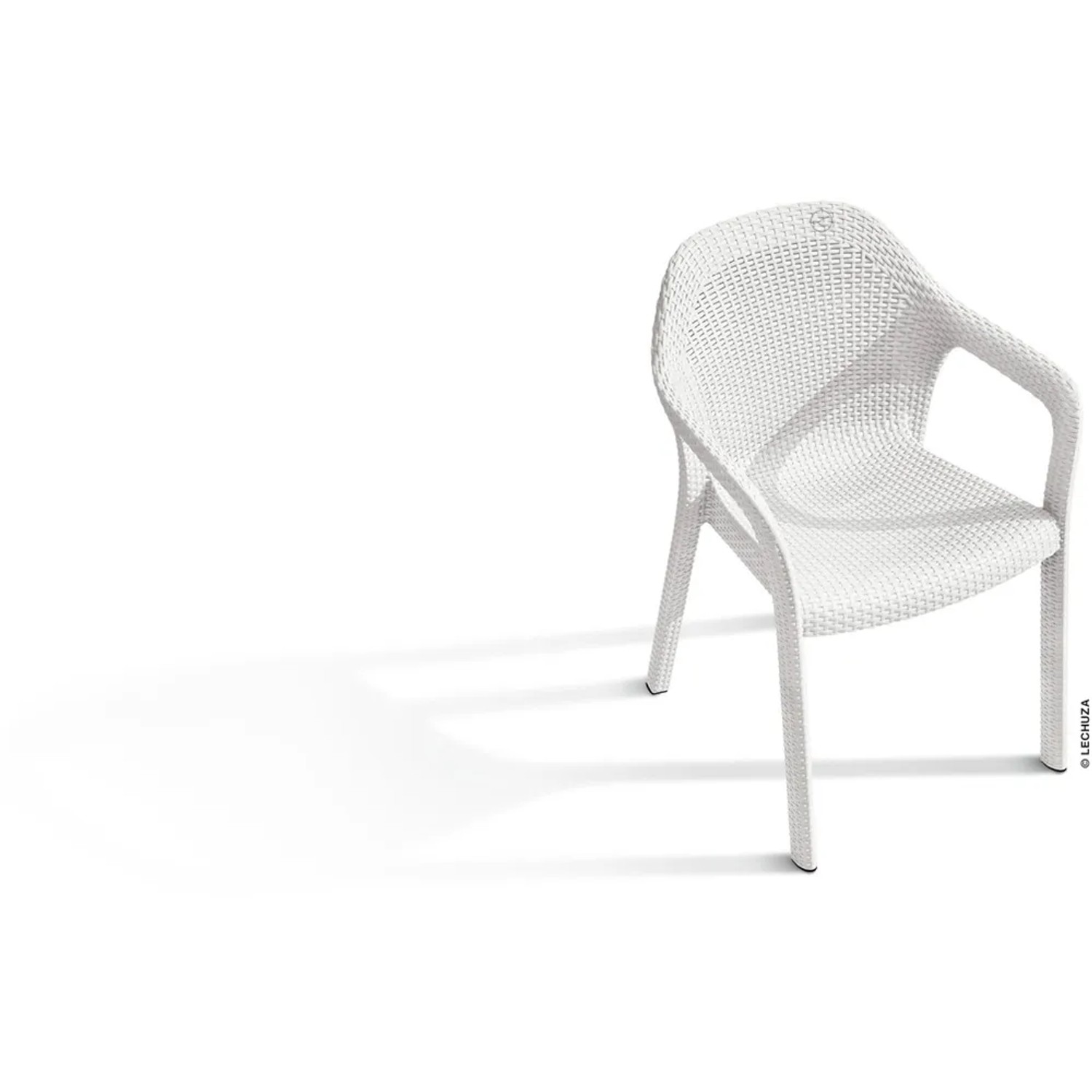 Weißer Lechuza Essstuhl mit Flechtstruktur, ideal für den Garten.