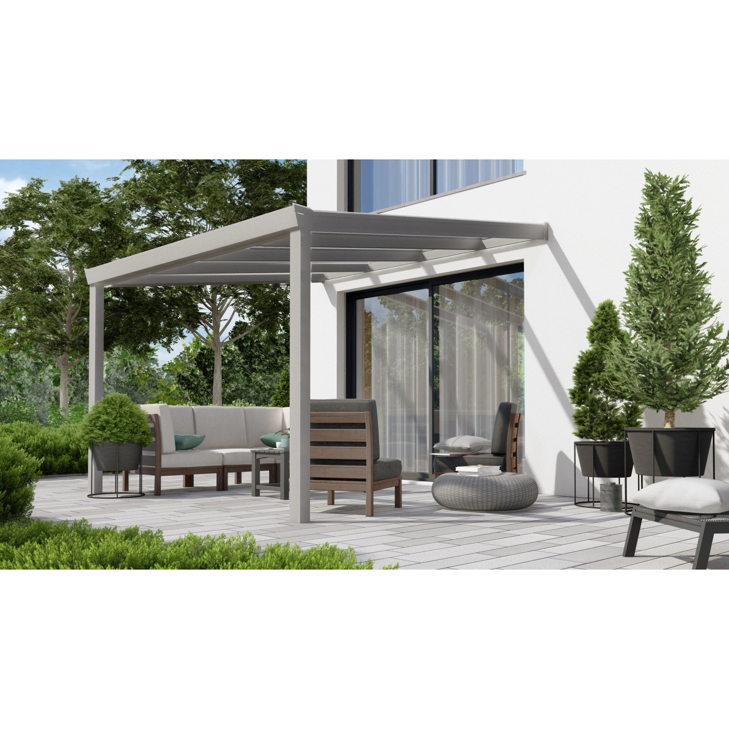 Graue Terrassenüberdachung Professional 300x300 cm mit opalen PC-Platten. Ideal für Ihre Terrasse!