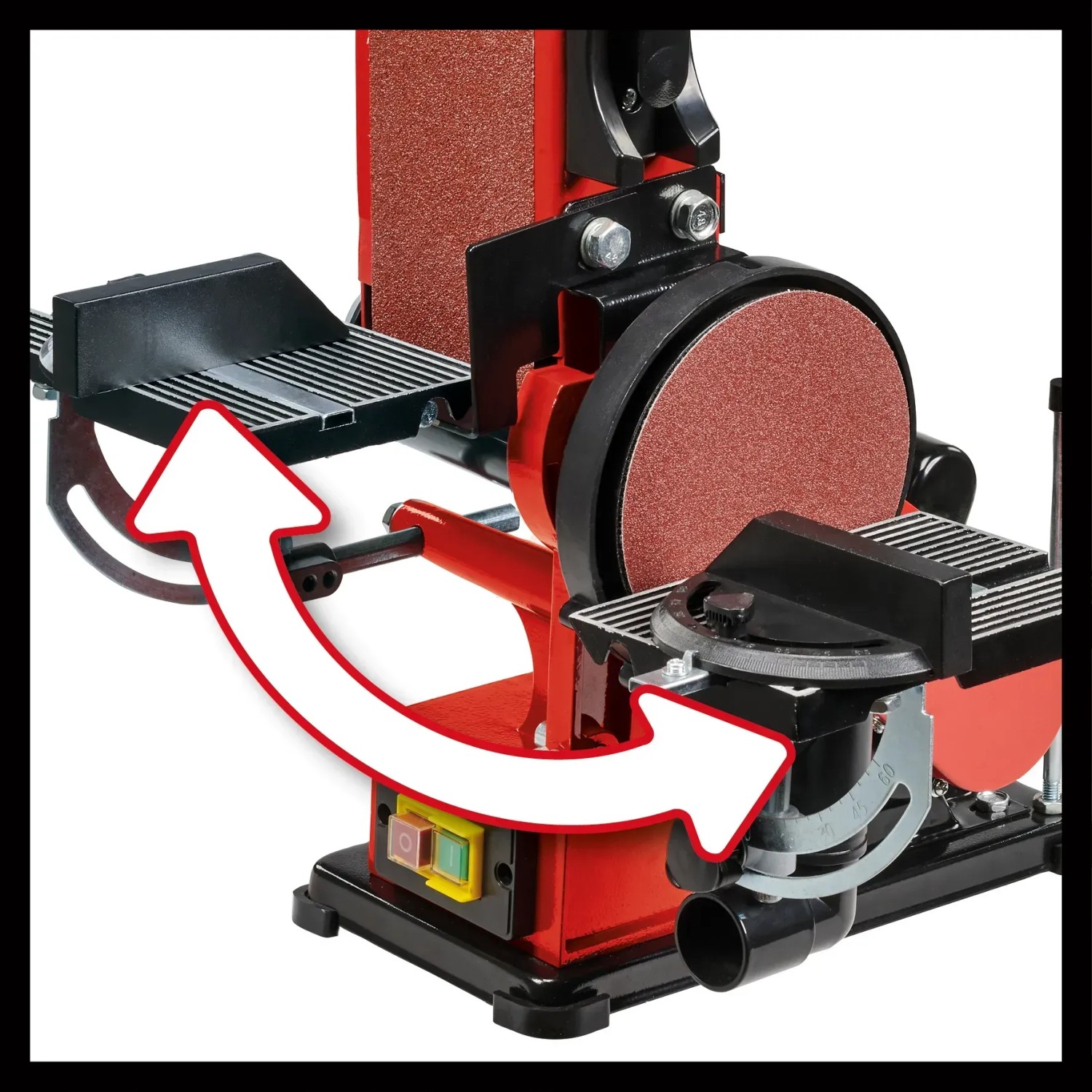Einhell TC-US 380 Stand-Band-Tellerschleifer mit schwenkbarer Schleifeinrichtung und Werkstückanschlag.
