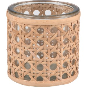 Schwarzer Teelichthalter Minimalist Zen aus Glas und Bambus mit Geflecht, 7,5x8cm.