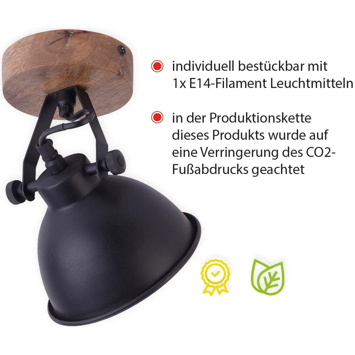 Schwarze Wand- und Deckenleuchte Samia mit Holzsockel, 1-flammig, für E14 Leuchtmittel.