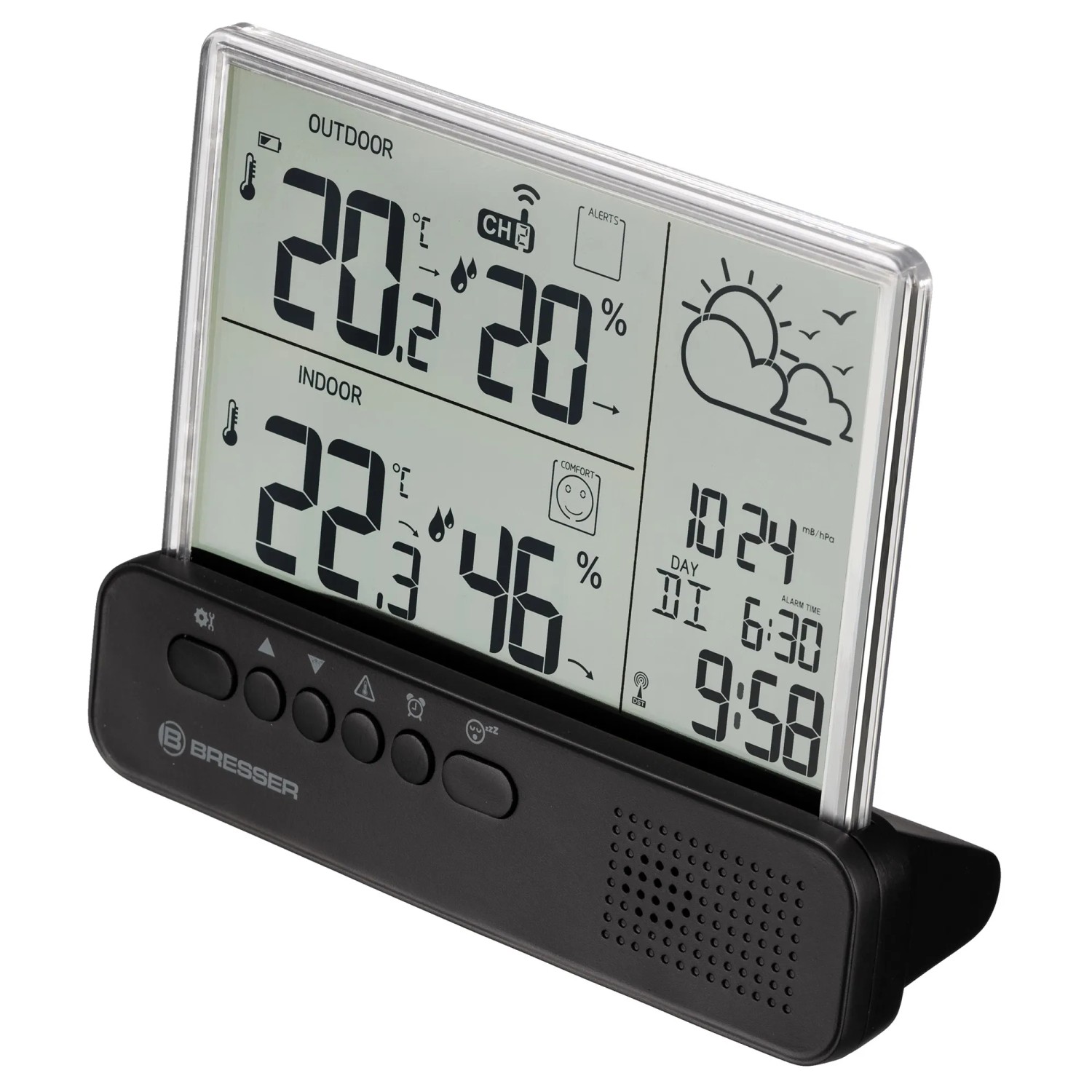 Bresser Funk-Wetterstation Translucidus NV mit transparentem Display und Außensensor.