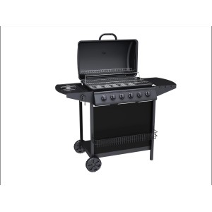 Schwarzer Tepro Gasgrill Hampton 6 mit Seitenkocher und offenem Deckel.