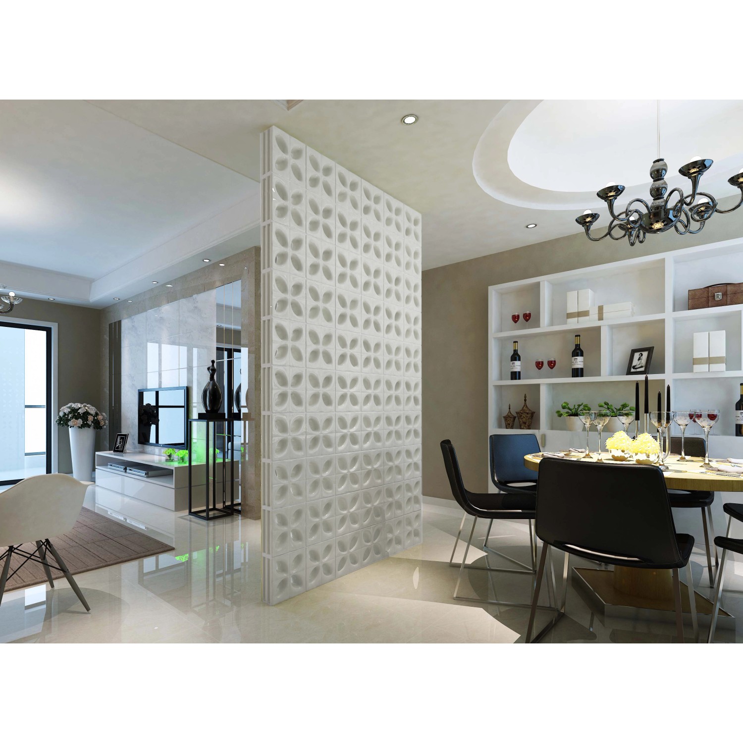 Schwarzer Keramikstein Style'n Art Deko Loop als Raumteiler im Wohnbereich.