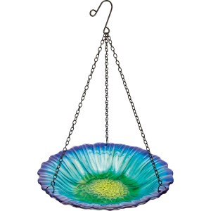 Hängende Vogeltränke aus Glas in Blumenform, grün-blau, Ø 28 cm. Gartendekoration.