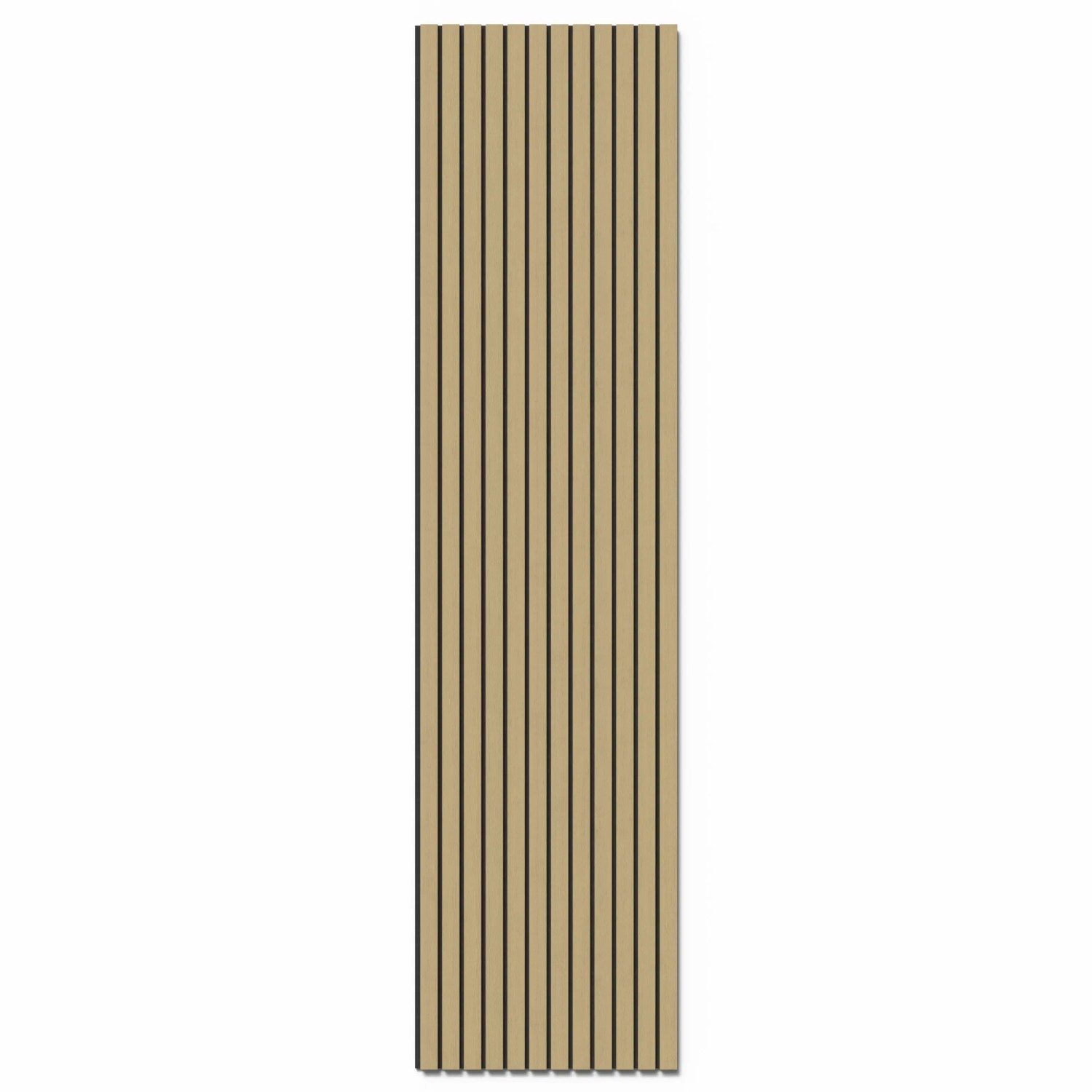 Denpanels Akustikpaneel in Eiche Hell, 240x60 cm, mit Lamellen für Schallabsorption.