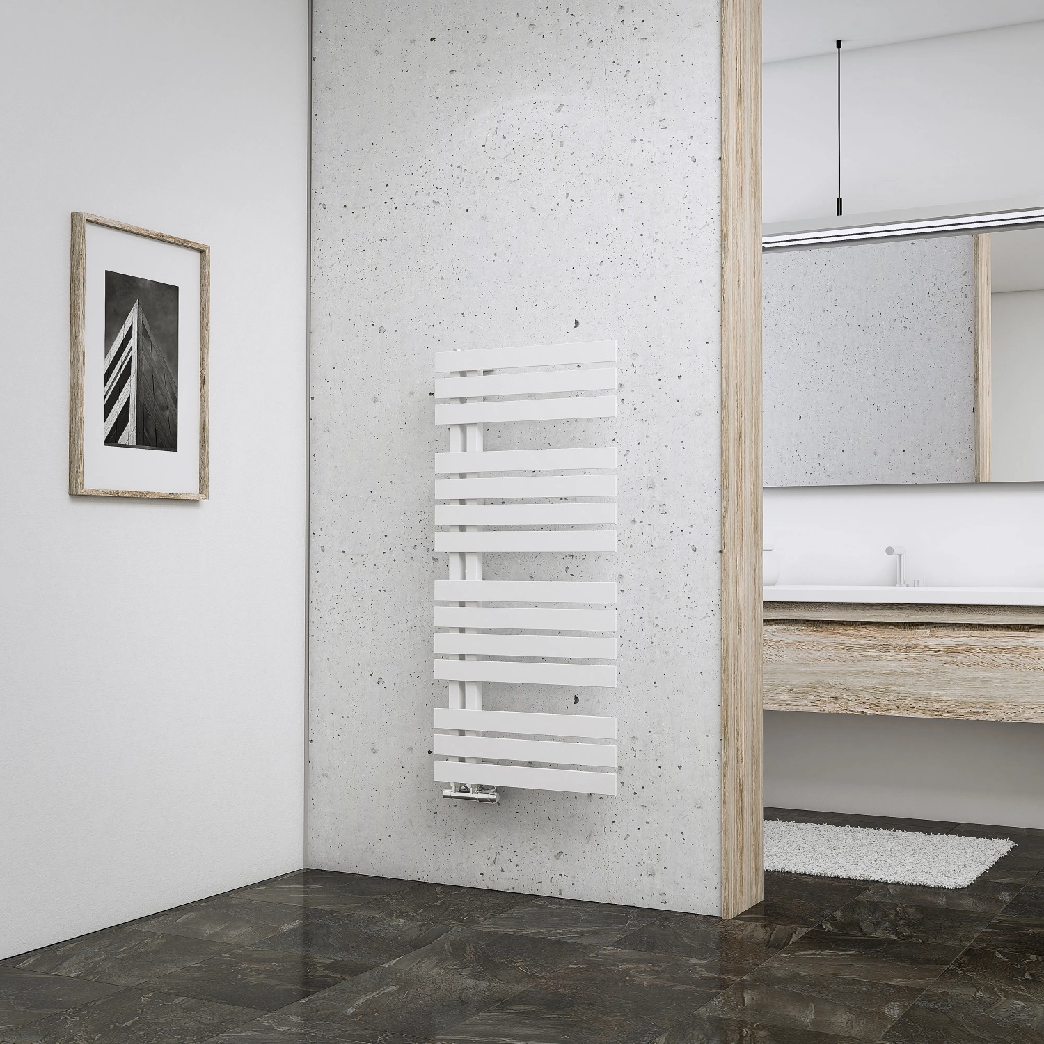 Schulte Design-Heizkörper Breda, 477 W, Alpinweiß im modernen Bad.