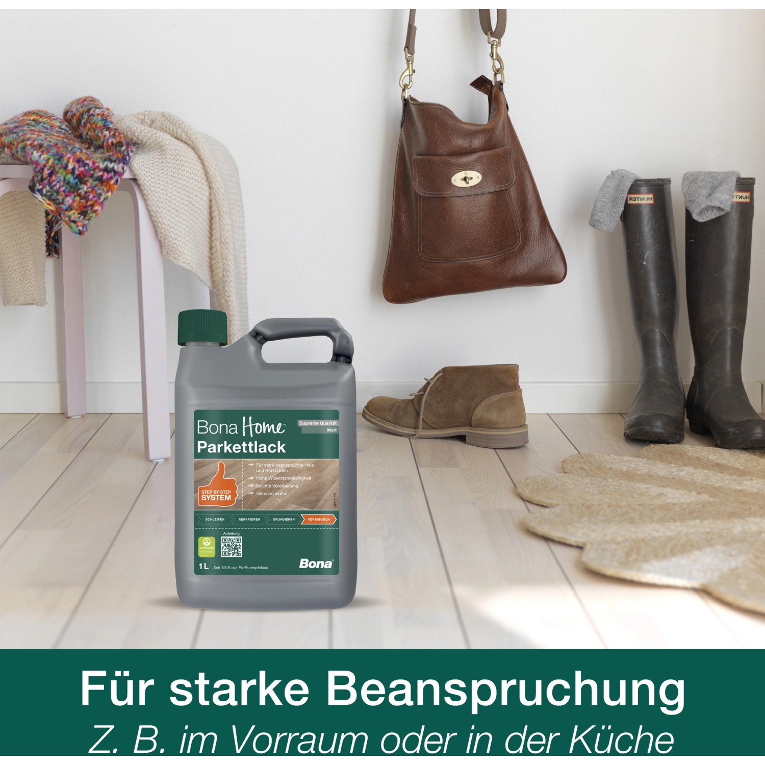 Bona Home Parkettlack glänzend, 4 l Gebinde. Ideal für stark beanspruchte Holz- und Korkböden.