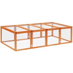 PawHut Kleintierstall aus hellem Holz mit Gitter, mehreren Türen und aufklappbaren Deckeln für sicheren Auslauf.