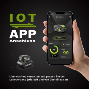 Suntek Akku-Rasenmäher: Akku-Überwachung per App auf Smartphone. Akkustand, Ladezeit und Status im Blick.