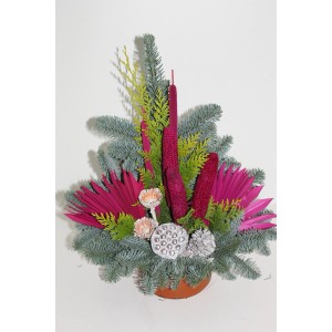 Grabschale Nobilis, ca. 18 cm, mit Brombeere-farbenen Akzenten und Tannengrün. Dekoratives Grabgesteck.