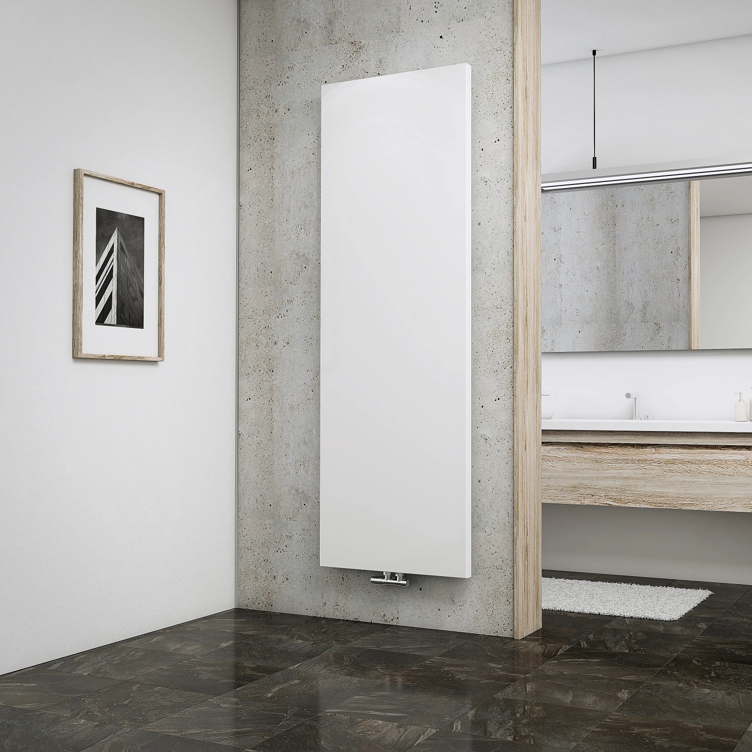 Weißer Schulte Design-Heizkörper New York mit Mittelanschluss im modernen Bad.