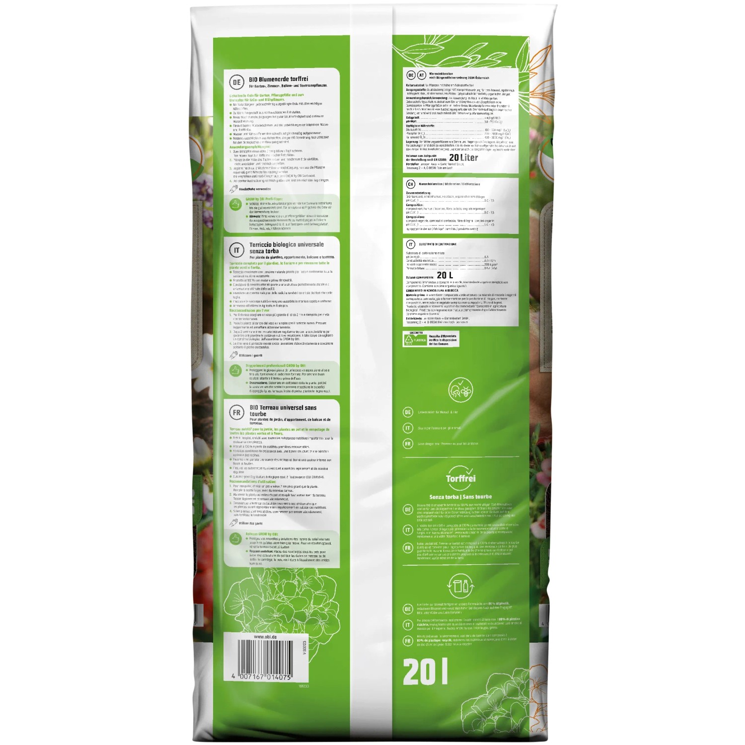 Rückseite eines 20L Sack GROW by OBI BIO Blumenerde, torffrei.