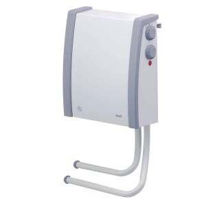 Badschnellheizer Clima 2000 TLS, weiß, mit Handtuchhalter und Thermostat.