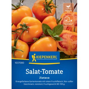 Kiepenkerl Salat-Tomate Zlatava Samen: Orangefarbene Tomaten und Tomatenhälfte auf der Packung.