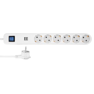 Weiße REV Ritter Steckdosenleiste mit 6-Fach-Anschluss und USB-Ports.