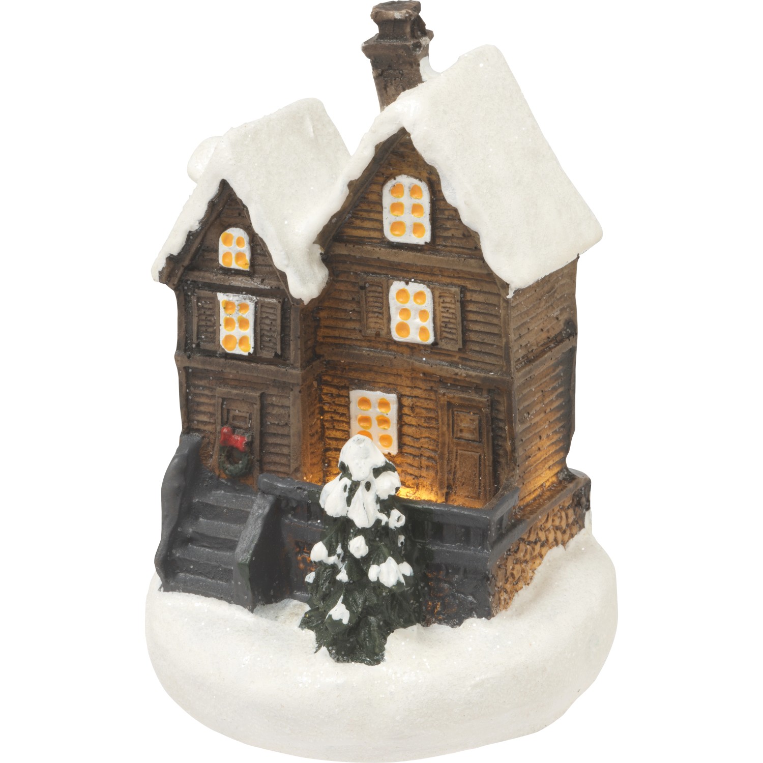 Beleuchtetes Deko-Weihnachtshaus, 4-fach sortiert, mit Schnee und warmem Licht.